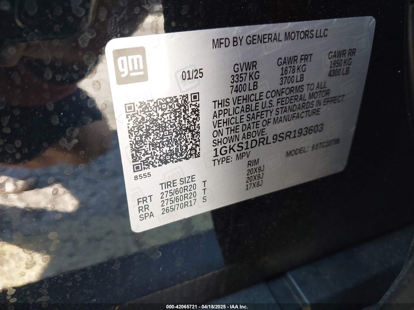 2025 GMC YUKON VIN: 1GKS1DRL9SR193603