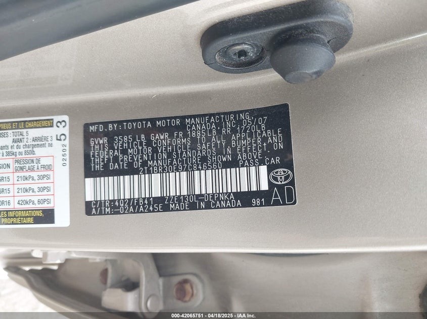 2007 TOYOTA COROLLA VIN: 2T1BR30E97C846560