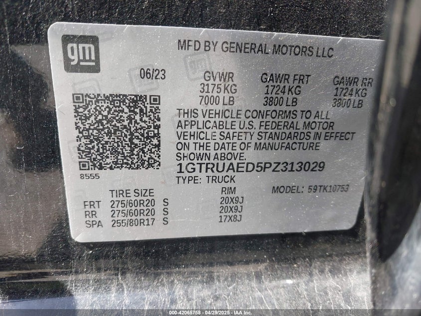 2023 GMC SIERRA 1500 VIN: 1GTRUAED5PZ313029