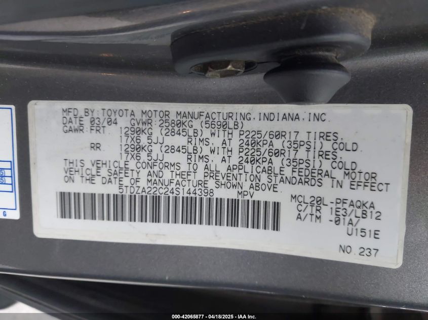 2004 Toyota Sienna Xle Limited VIN: 5TDZA22C24S144398 Lot: 42065877