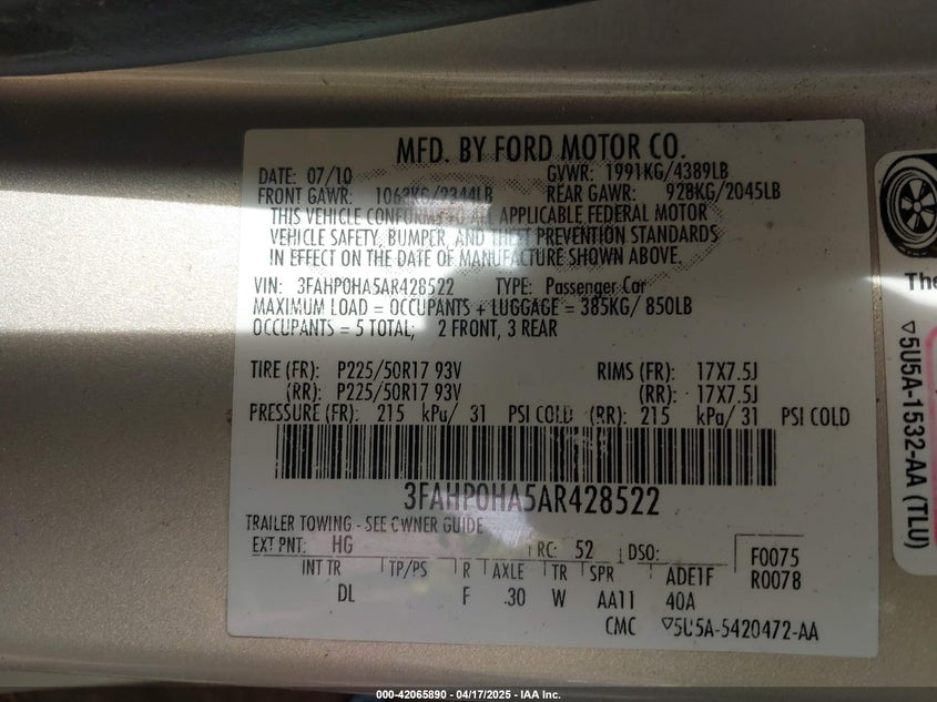 2010 FORD FUSION VIN: 3FAHP0HA5AR428522