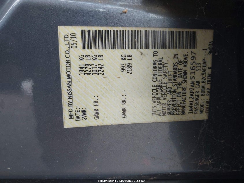 2010 NISSAN ALTIMA VIN: 1N4AL2AP2AN516597