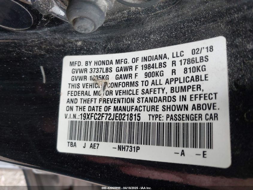 2018 Honda Civic Ex VIN: 19XFC2F72JE021815 Lot: 42065998