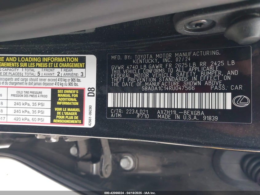 2024 LEXUS ES 300H VIN: 58ADA1C14RU047566