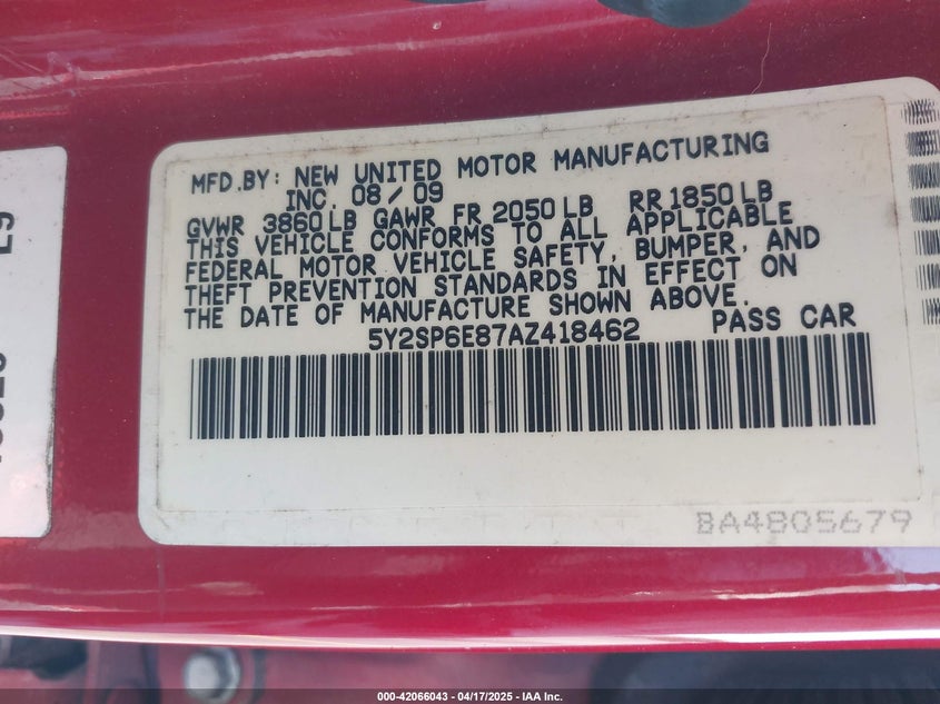 2010 PONTIAC VIBE VIN: 5Y2SP6E87AZ418462