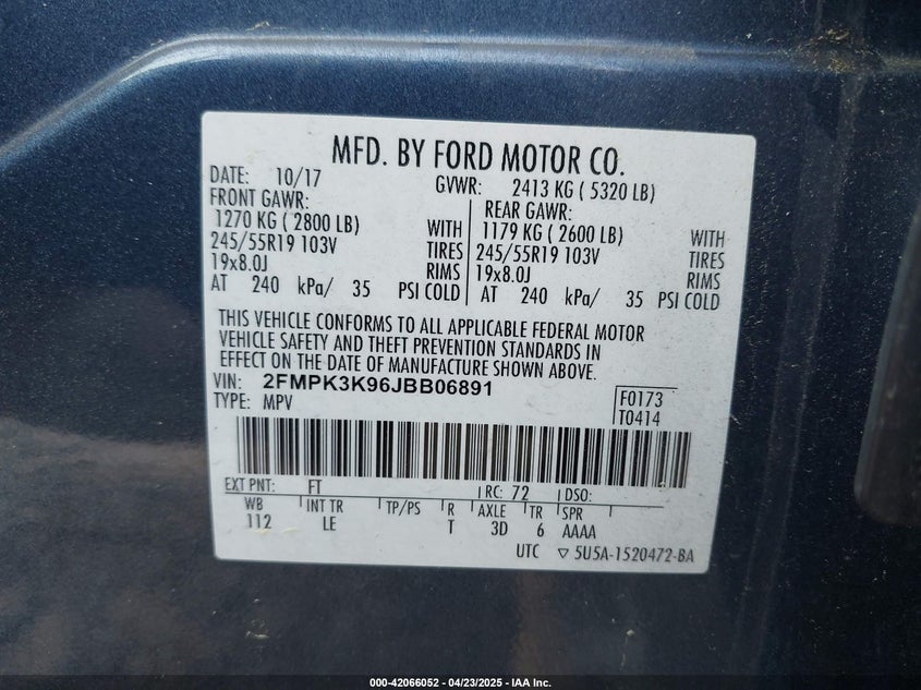 2018 FORD EDGE VIN: 2FMPK3K96JBB06891