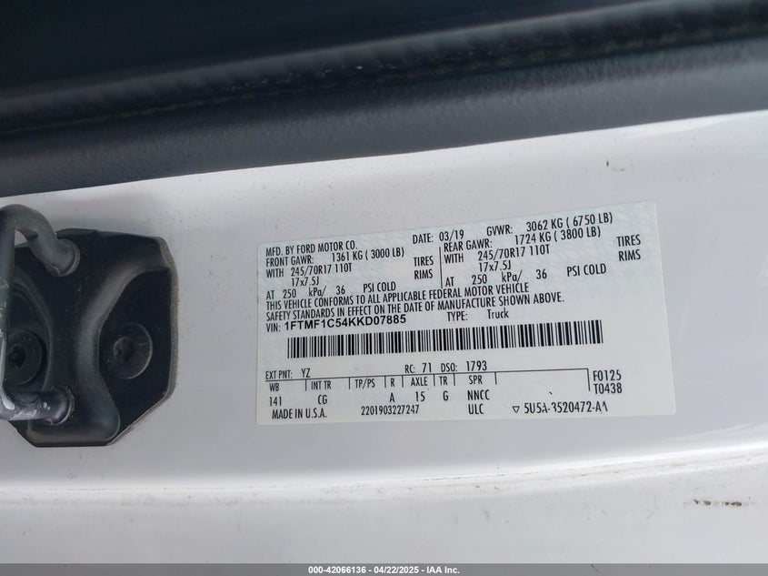 2019 FORD F-150 VIN: 1FTMF1C54KKD07885