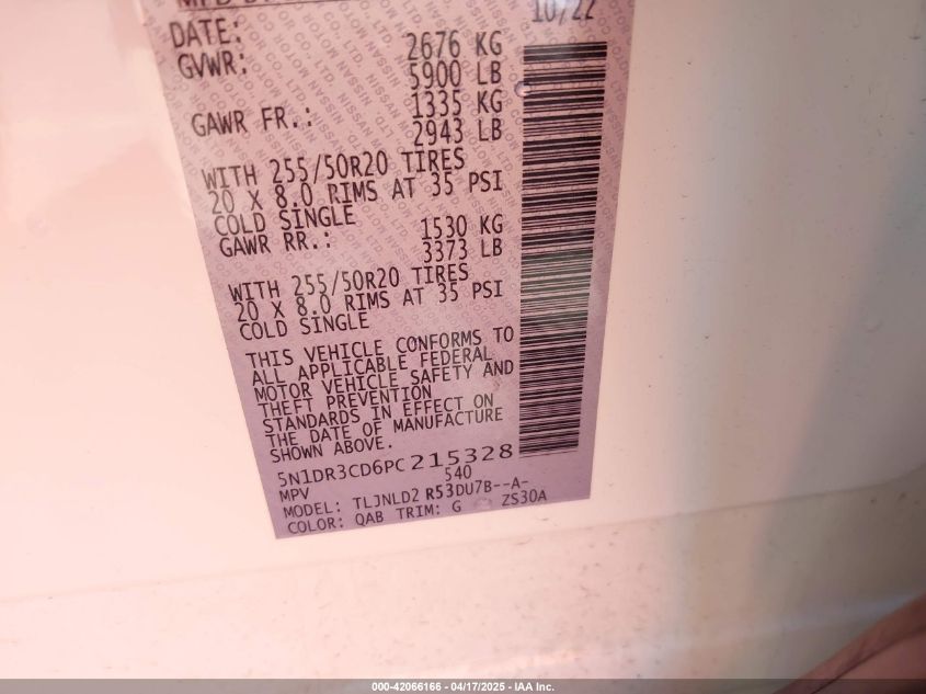 2023 Nissan Pathfinder Sl 4Wd VIN: 5N1DR3CD6PC215328 Lot: 42066166