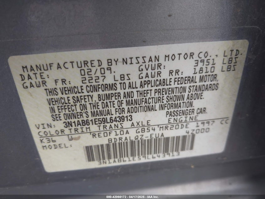 2009 NISSAN SENTRA VIN: 3N1AB61E59L643913