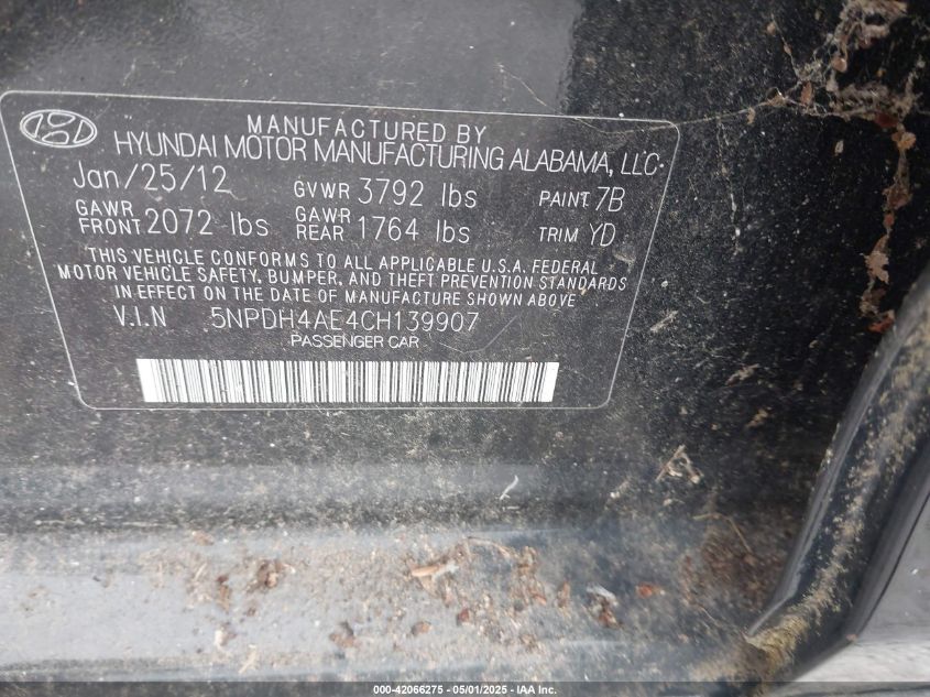 2012 Hyundai Elantra Gls VIN: 5NPDH4AE4CH139907 Lot: 42066275