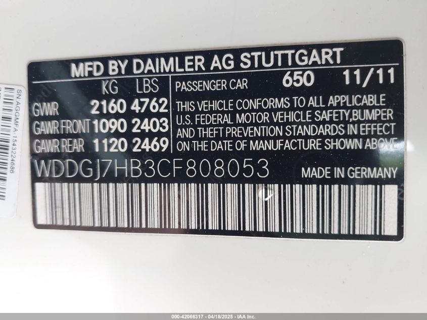 2012 Mercedes-Benz C 63 Amg VIN: WDDGJ7HB3CF808053 Lot: 42066317