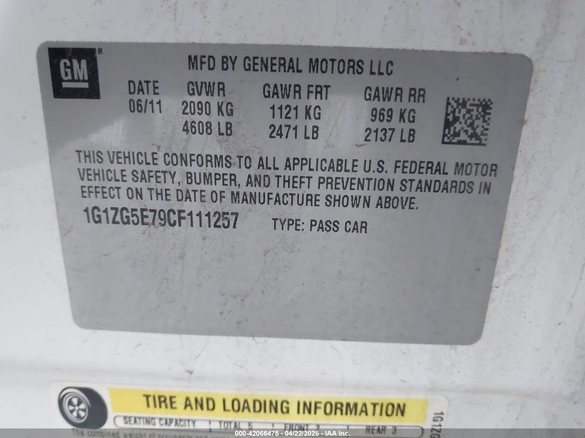 2012 CHEVROLET MALIBU VIN: 1G1ZG5E79CF111257