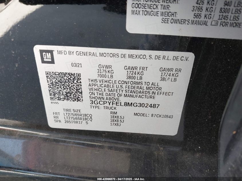 2021 Chevrolet Silverado 1500 4Wd Short Bed Lt Trail Boss VIN: 3GCPYFEL8MG302487 Lot: 42066570