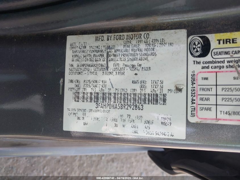 2011 Ford Fusion Se VIN: 3FAHP0HA5BR292863 Lot: 42066740