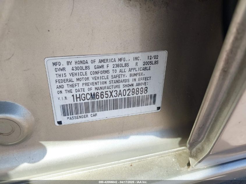 2003 Honda Accord 3.0 Ex VIN: 1HGCM665X3A029898 Lot: 42066842