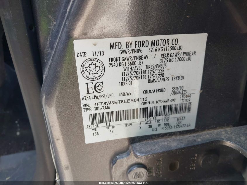 2014 Ford F-350 Lariat VIN: 1FT8W3BT8EEB04112 Lot: 42066875