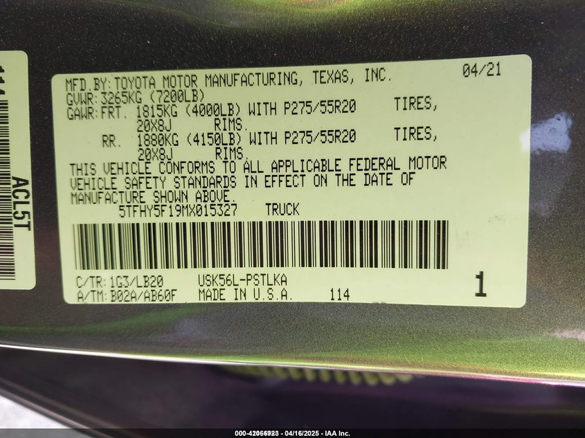 2021 TOYOTA TUNDRA VIN: 5TFHY5F19MX015327