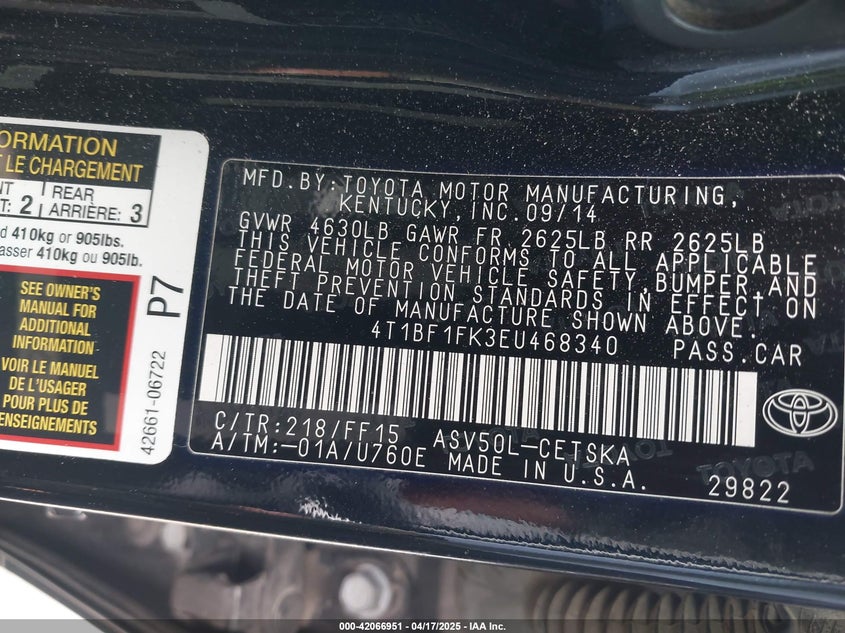 2014 TOYOTA CAMRY VIN: 4T1BF1FK3EU468340