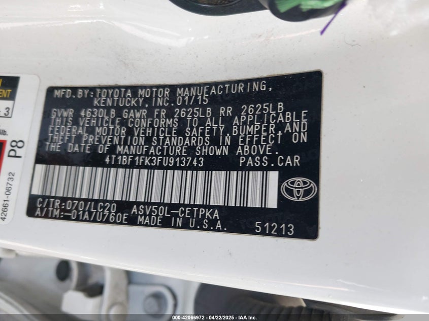 2015 TOYOTA CAMRY VIN: 4T1BF1FK3FU913743