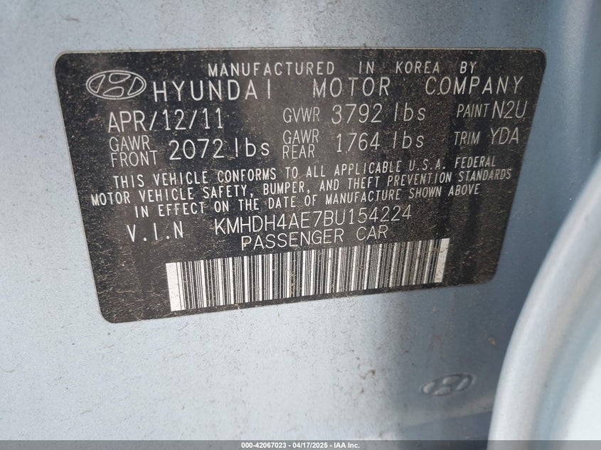 2011 HYUNDAI ELANTRA VIN: KMHDH4AE7BU154224