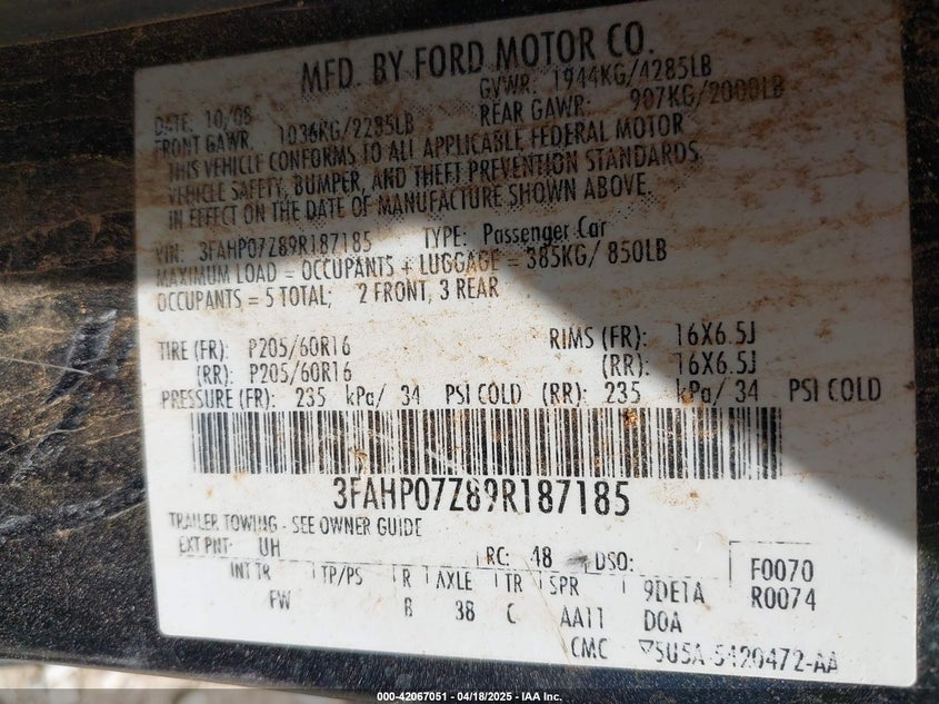 2009 FORD FUSION VIN: 3FAHP07Z89R187185