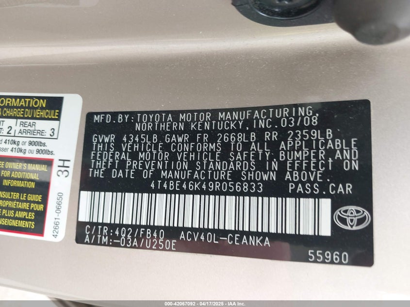 2009 TOYOTA CAMRY VIN: 4T4BE46K49R056833
