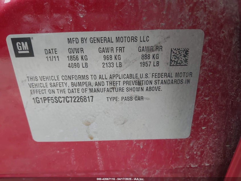 2012 CHEVROLET CRUZE VIN: 1G1PF5SC7C7226817