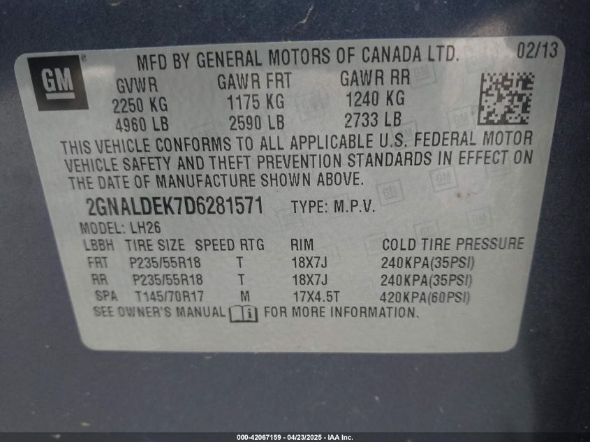 2013 Chevrolet Equinox 1Lt VIN: 2GNALDEK7D6281571 Lot: 42067159