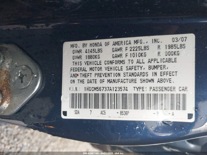 2007 HONDA ACCORD VIN: 1HGCM56737A123574