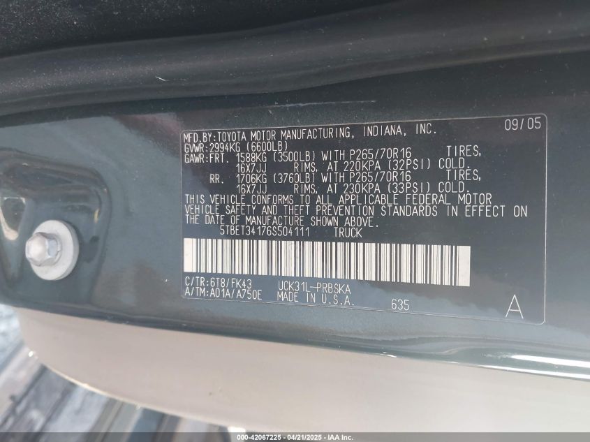 2006 Toyota Tundra Double Cab Sr5 VIN: 5TBET34176S504111 Lot: 42067225