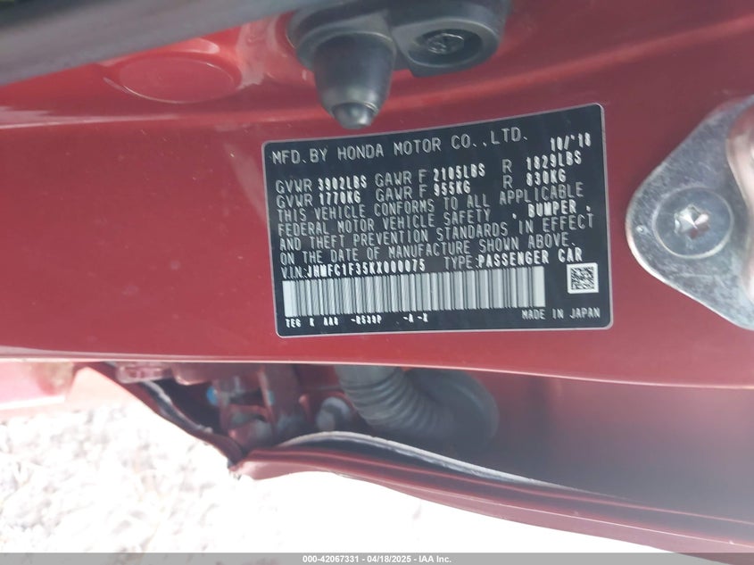 VIN JHMFC1F35KX000075 2019 HONDA CIVIC EX