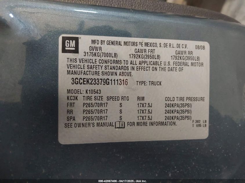 2009 Chevrolet Silverado 1500 Lt VIN: 3GCEK23379G111316 Lot: 42067406