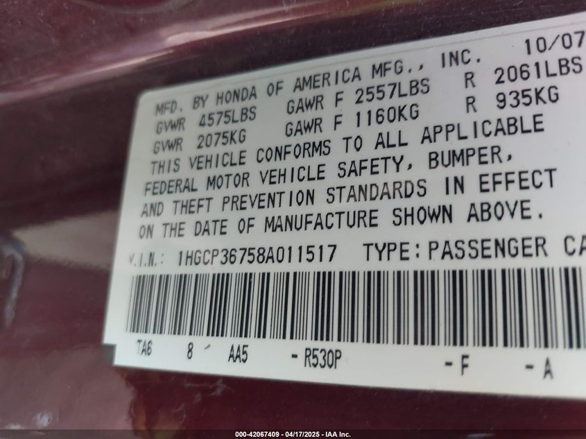 2008 HONDA ACCORD VIN: 1HGCP36758A011517