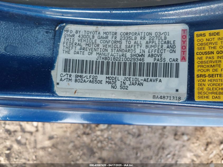 2001 Lexus Is VIN: 0JTHBD18221002934 Lot: 42067420