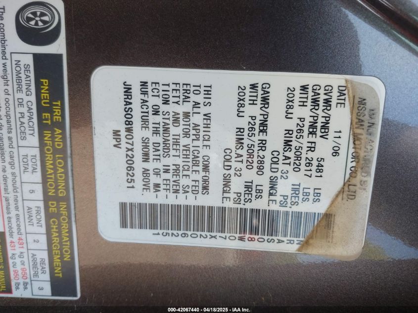 2007 Infiniti Fx35 VIN: JNRAS08W07X206251 Lot: 42067440