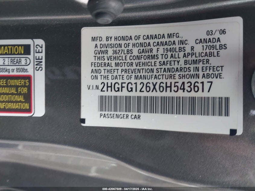 2006 HONDA CIVIC VIN: 2HGFG126X6H543617