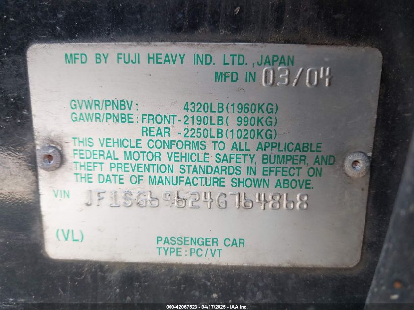 2004 Subaru Forester 2.5Xt VIN: JF1SG69624G764868 Lot: 42067523