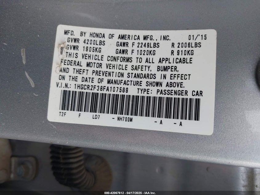 2015 HONDA ACCORD VIN: 1HGCR2F38FA107589