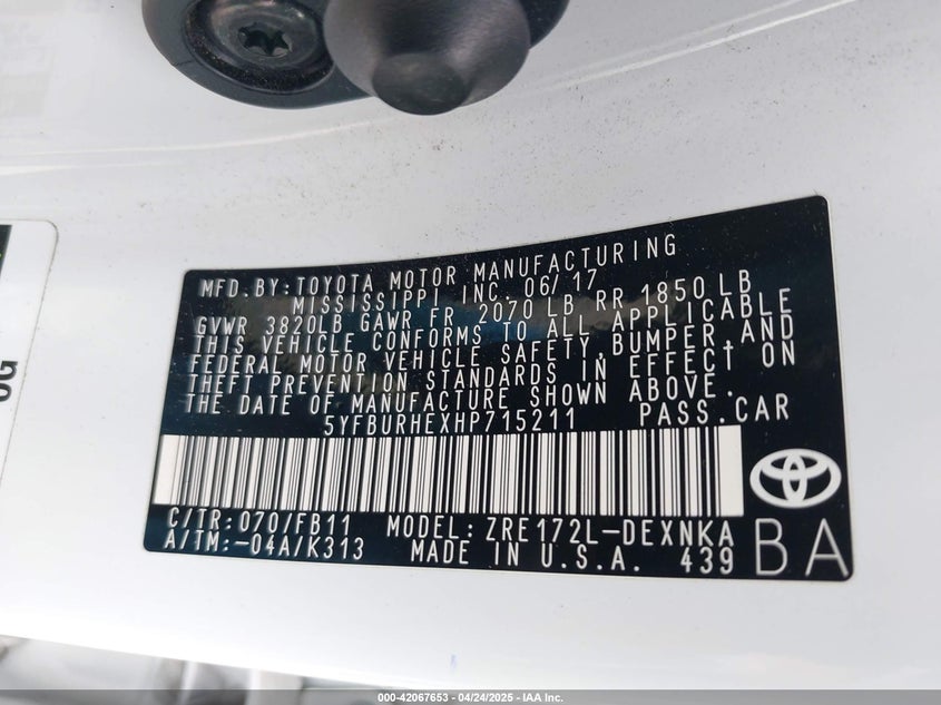2017 TOYOTA COROLLA VIN: 5YFBURHEXHP715211