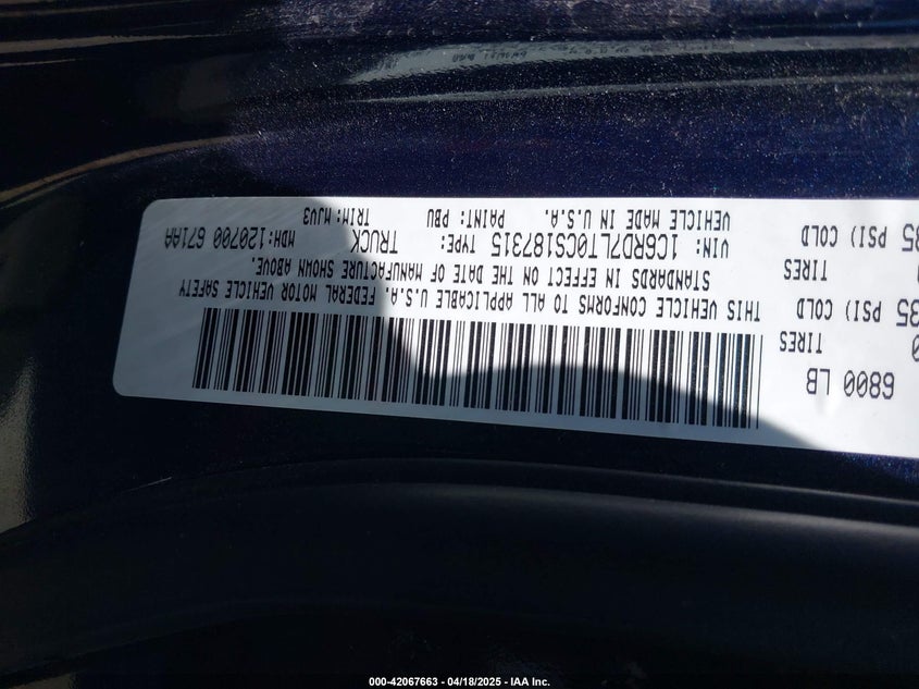 2012 DODGE RAM 1500 VIN: 1C6RD7LT0CS187315
