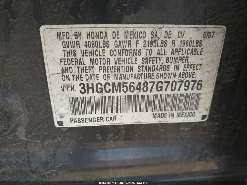 2007 Honda Accord 2.4 Lx VIN: 3HGCM56487G707976 Lot: 42067817