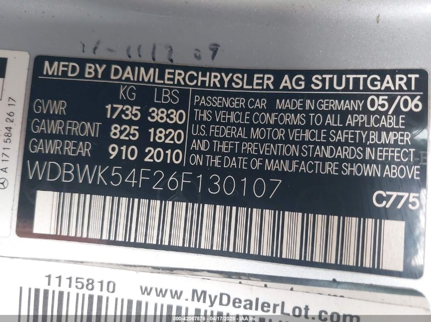 2006 Mercedes-Benz Slk 280 VIN: WDBWK54F26F130107 Lot: 42067876