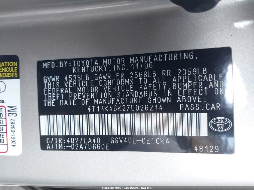 2007 TOYOTA CAMRY VIN: 4T1BK46K27U026214