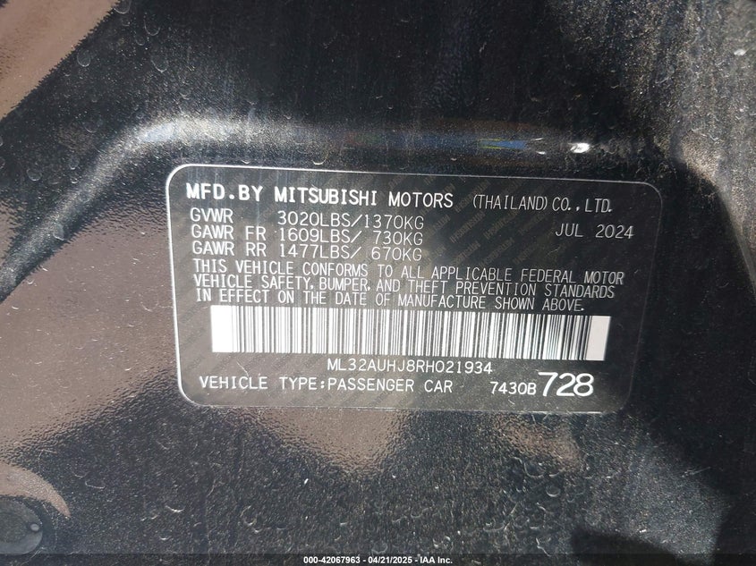 2024 MITSUBISHI MIRAGE VIN: ML32AUHJ8RH021934