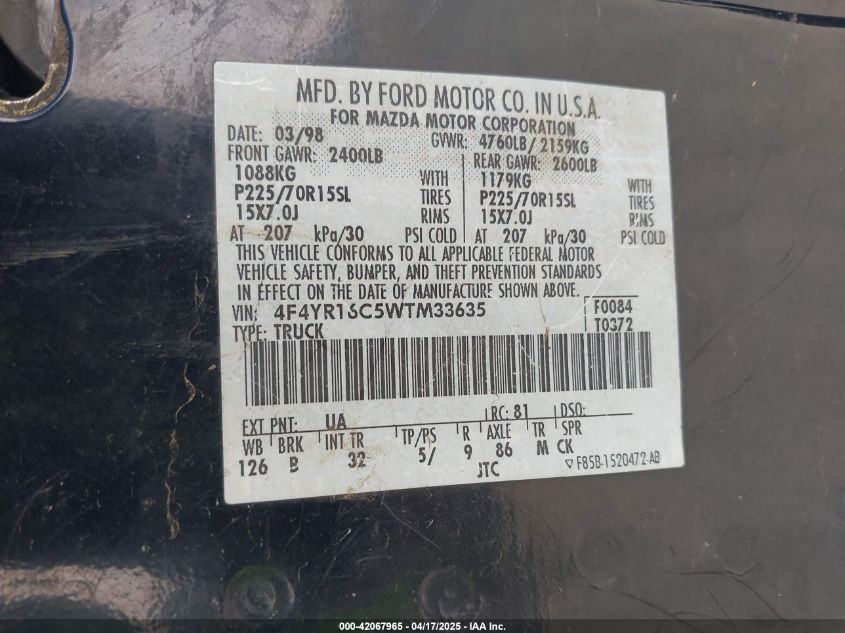 1998 Mazda B2500 Se VIN: 4F4YR16C5WTM33635 Lot: 42067965