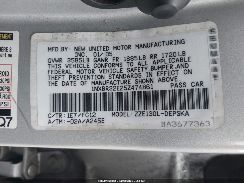 2005 Toyota Corolla S VIN: 1NXBR32E25Z474861 Lot: 42068131