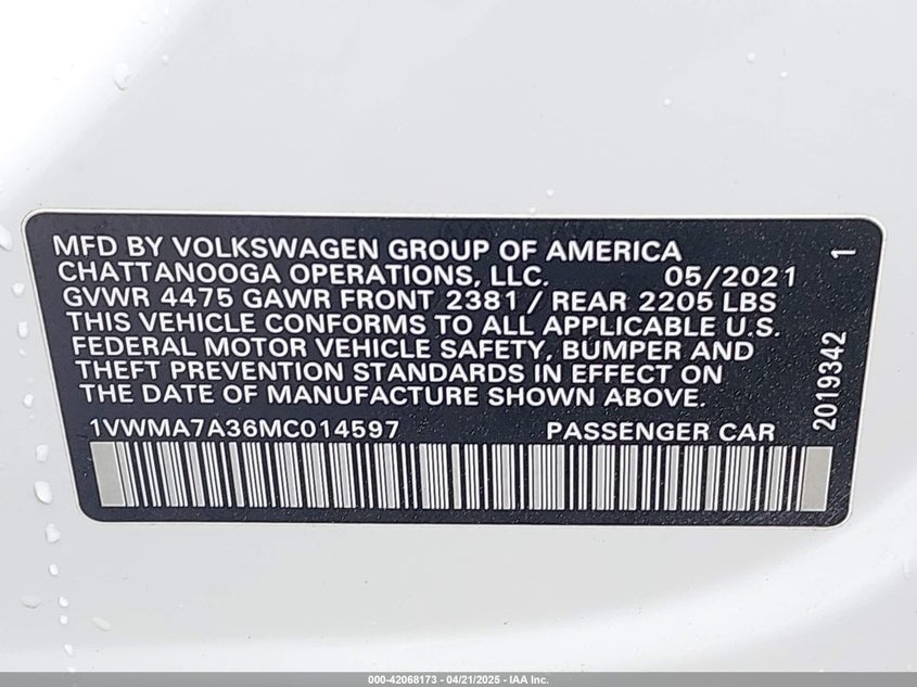 2021 VOLKSWAGEN PASSAT 2.0T R-LINE - 1VWMA7A36MC014597