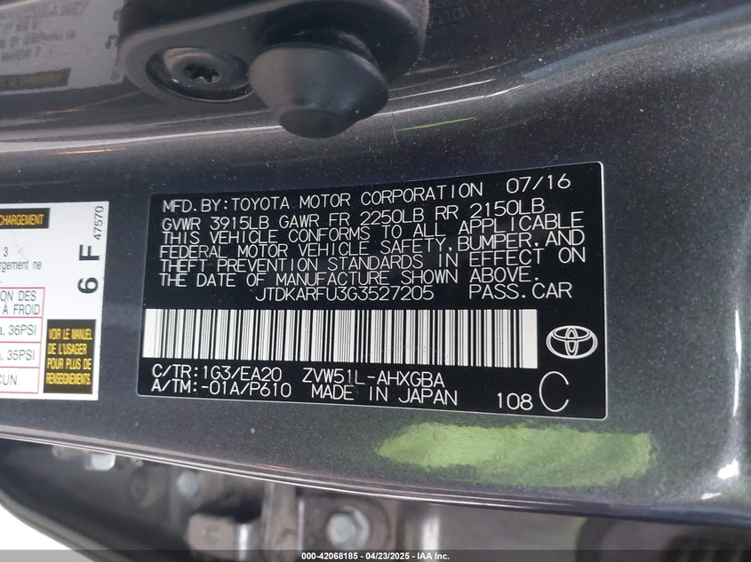 2016 TOYOTA PRIUS VIN: JTDKARFU3G3527205