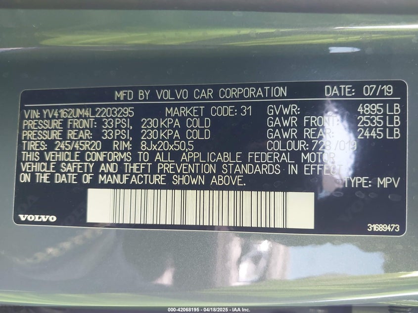2020 VOLVO XC40 VIN: YV4162UM4L2203295