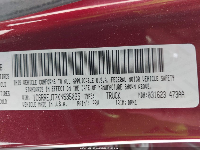 2019 RAM 1500 LARAMIE  4X2 5'7 BOX - 1C6RREJT7KN535035